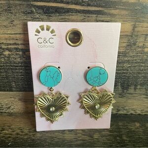 New C&C California Turquoise and Gold Heart Earrings